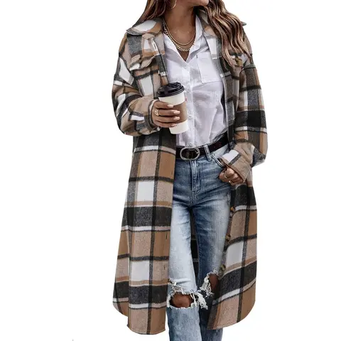 Angerella Women's Checkered Corduroy Shacket - Soft Fabric, Loose Long-Sleeve, Lapel Button-Down, Below-Knee Casual Coat/Jacket for Daily Wear, Night Out