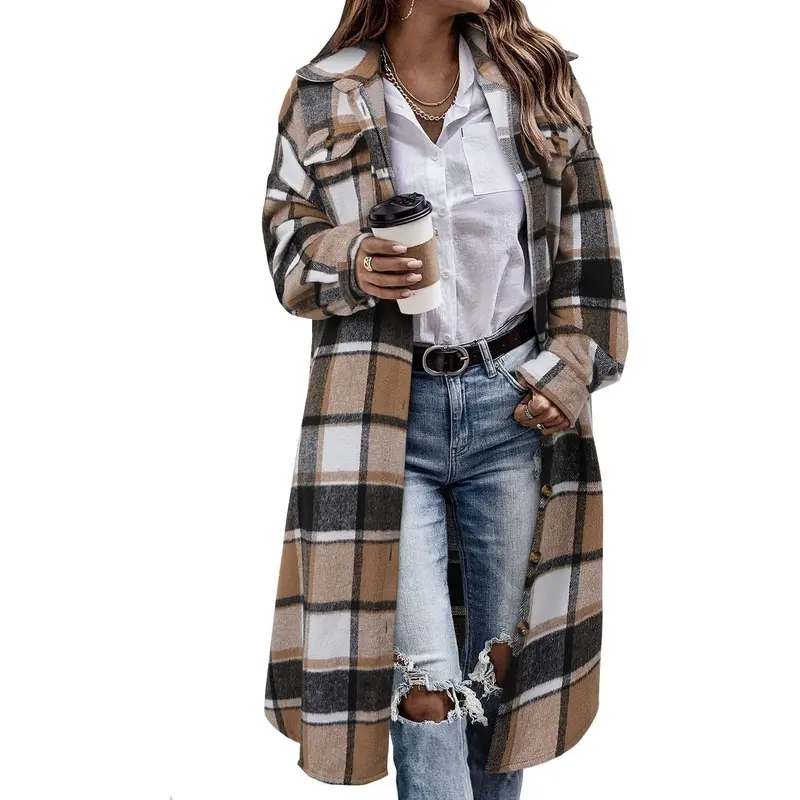 Angerella Womens Plaid Shacket Jacket Long Corduroy Shirt Casual Lapel Button Down Flannel Trench Coats fit check