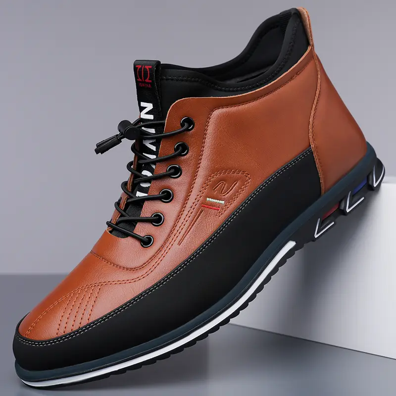 DINAOR Men's Walking Shoes, High-Top PU Leather Casual Trainer with Elastic Laces, Shock Absorbing Non-Slip Footwear, Shock Absorption Casual Trainers