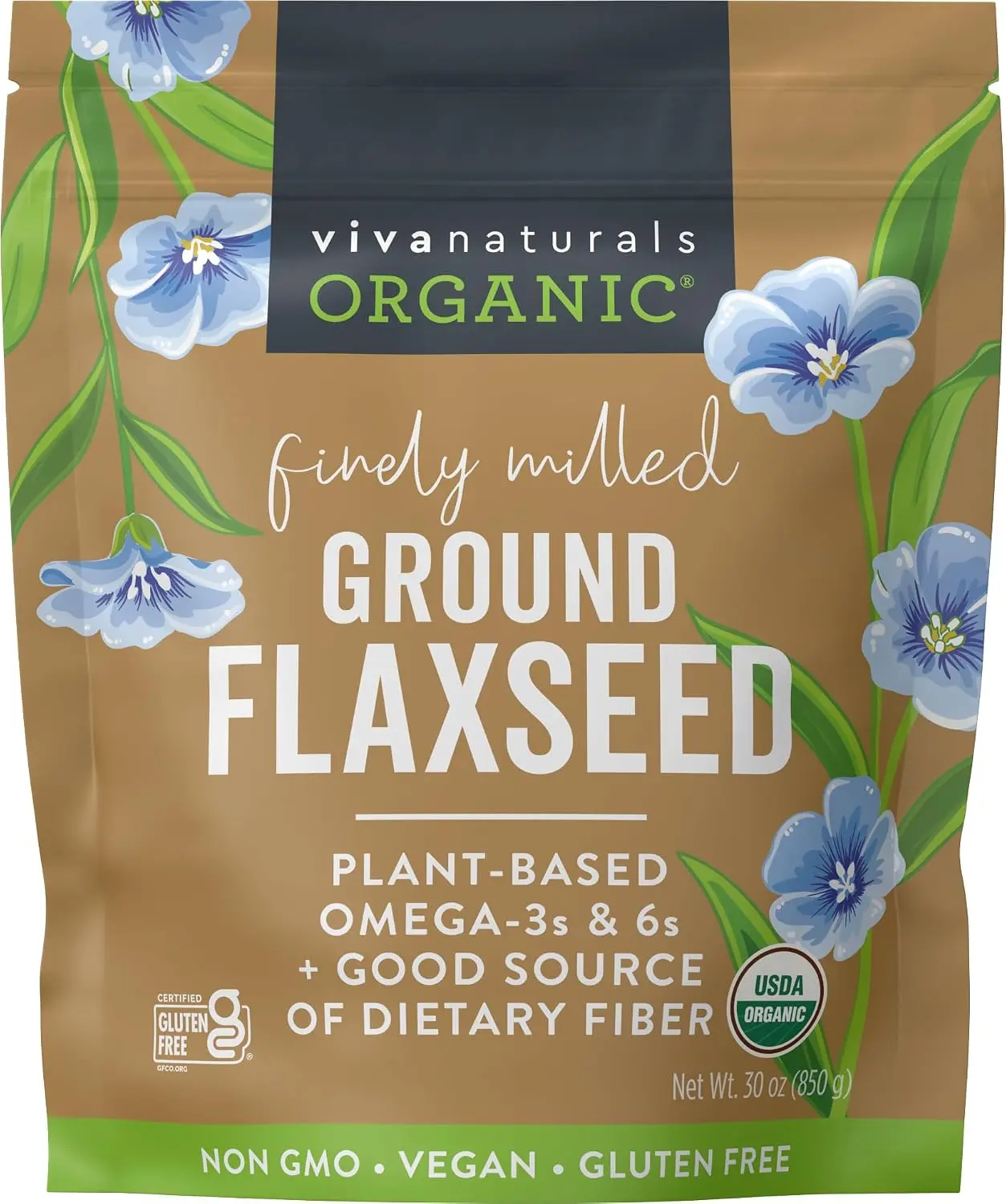 Viva Naturals Organic Ground Flaxseed - Premium Quality Plant-Based Protein and Vegan Omega 3 with Fiber, Perfect for Smoothies, Finely Milled Flaxseed 30 oz (850 g)