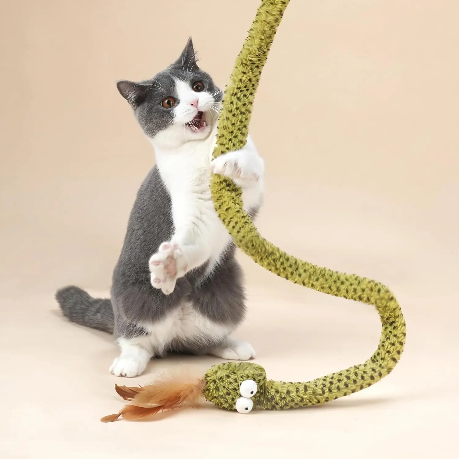 Forest Snake Cat Teaser Wand Toy, ." Interactive Feather Cat Toy with Crinkle Sound, Flexible Rubber Wand & Non-Slip Handle for Indoor Cats Play
