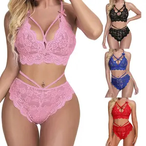 Lace Lingerie Set for Women 2 Piece Criss Cross Deep V Neck Push Up Bra and Panty Underwear Sets Mesh Sheer Nightwear