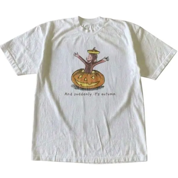 Vintage Style Curious George Autumn Pumpkin White T-shirt ,Cute Halloween Fall Tee, Vintage Cartoon Animal Shirt, Cozy Autumn Aesthetic Top, Kawaii Streetwear Unisex T-Shirt, Casual Tee