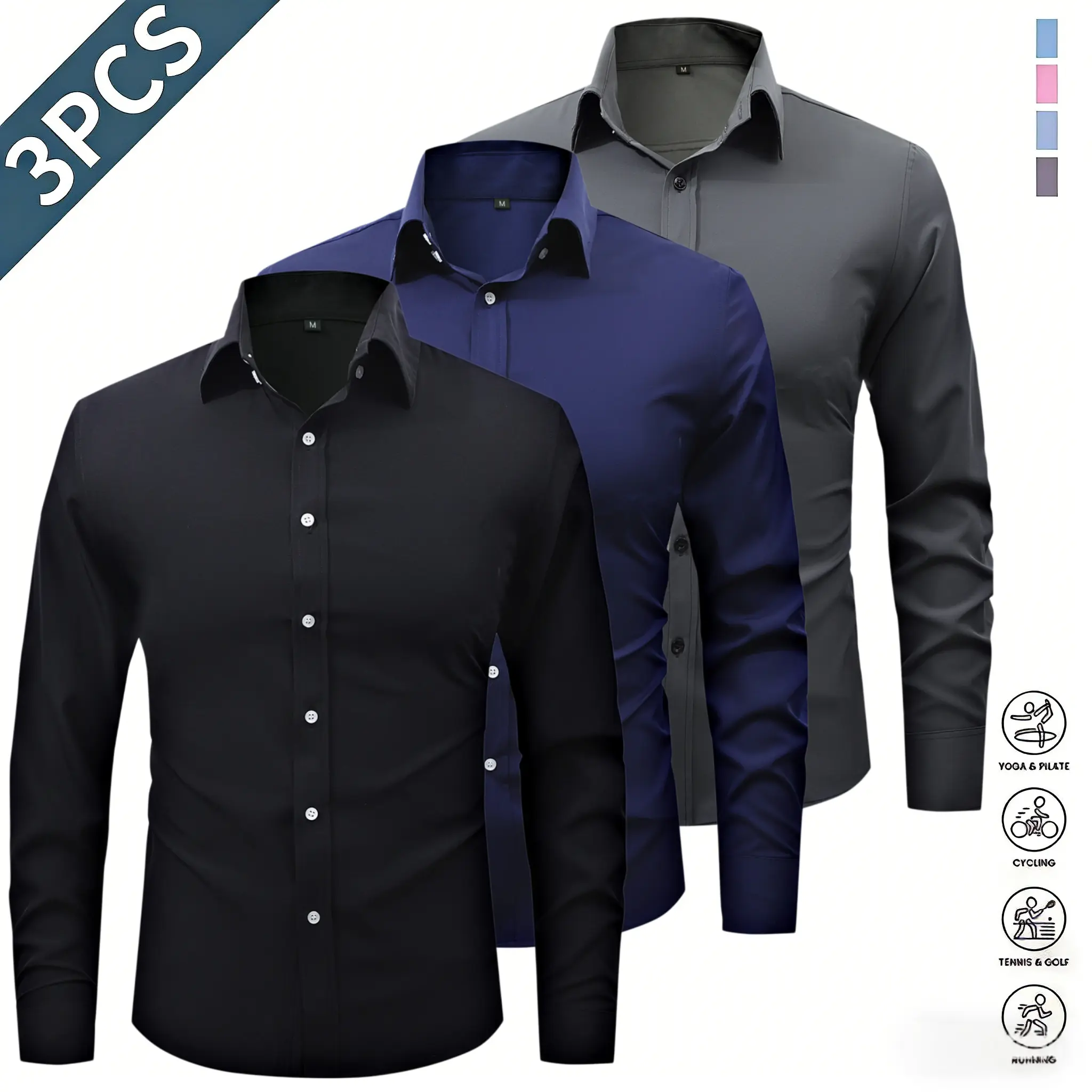 Three solid-color men’s long-sleeve shirts with a notched lapel collar, classic pointed lapel design that is sharp and well-structured, button placement that fits comfortably against the neck, long sleeves suitable for multiple seasons, smooth stretch fab