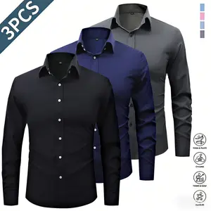 Three solid-color men’s long-sleeve shirts with a notched lapel collar, classic pointed lapel design that is sharp and well-structured, button placement that fits comfortably against the neck, long sleeves suitable for multiple seasons, smooth stretch fab