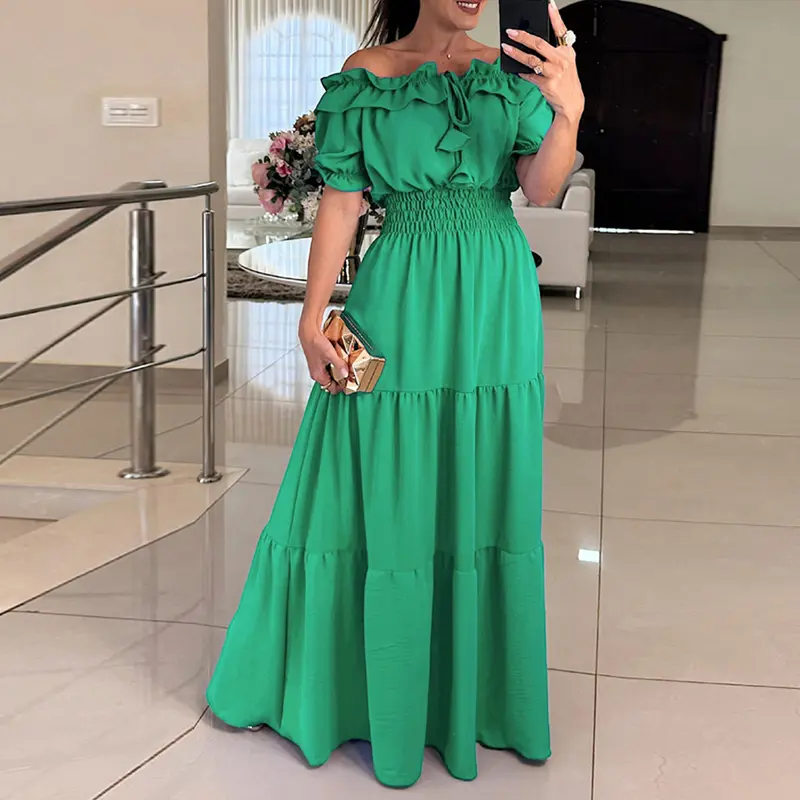 ChicMe Women's Off Shoulder Short Sleeve Valentine's Day Frill Hem Lace Up Dress/Gabbi Dress Casual Stretchy Waist Wedding Guest Flared Maxi Wedding Dress