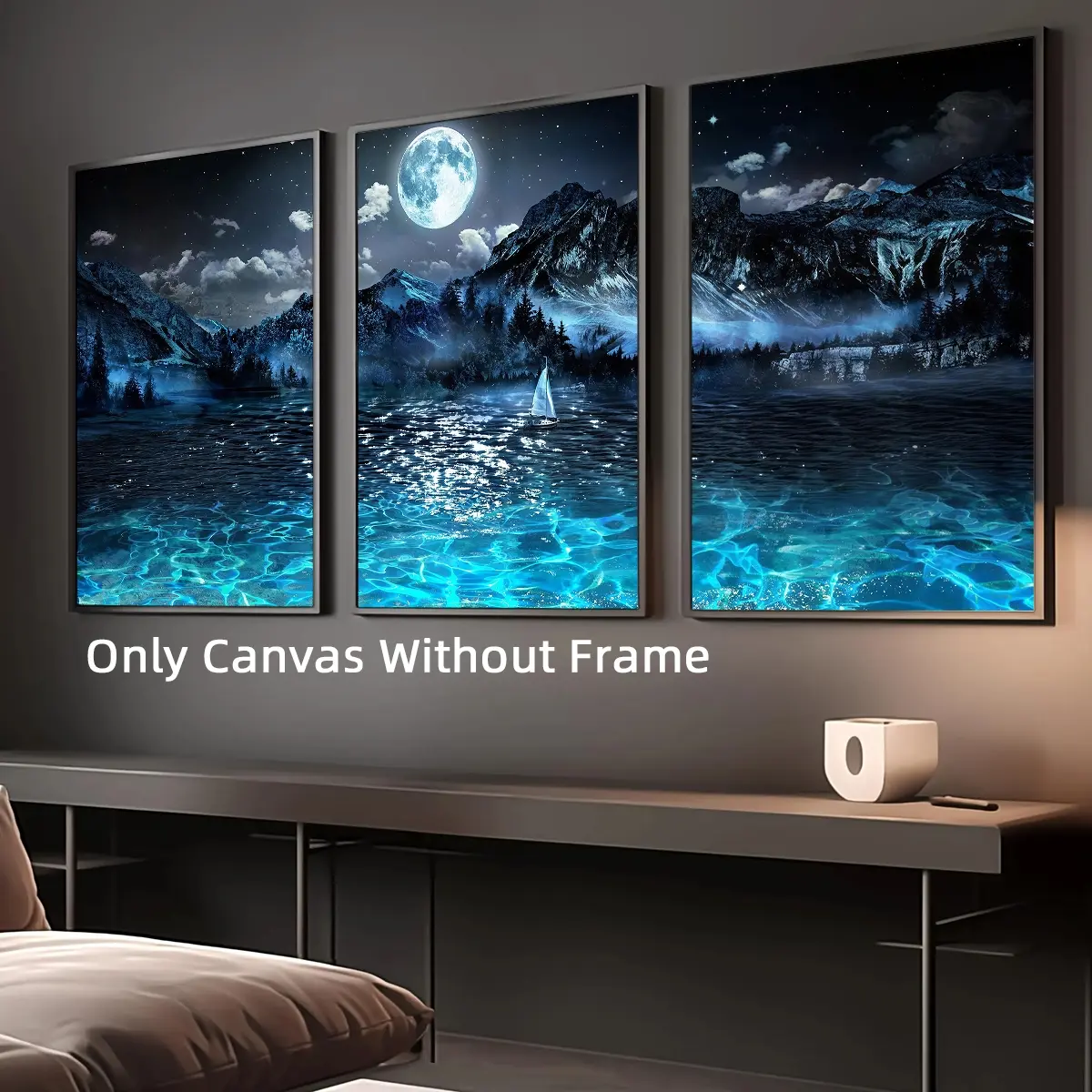 3Pcs/Set Unframed Modern Blue Lake Night Canvas Posters, Moonlit Mountains Landscape Wall Art, Aesthetic Design, Aesthetic Room Decor, Artwork Wall Painting For Gift, Wall Picture for Living Room, Bedroom, Home And Dormitory Decoration, Creative Wall Art