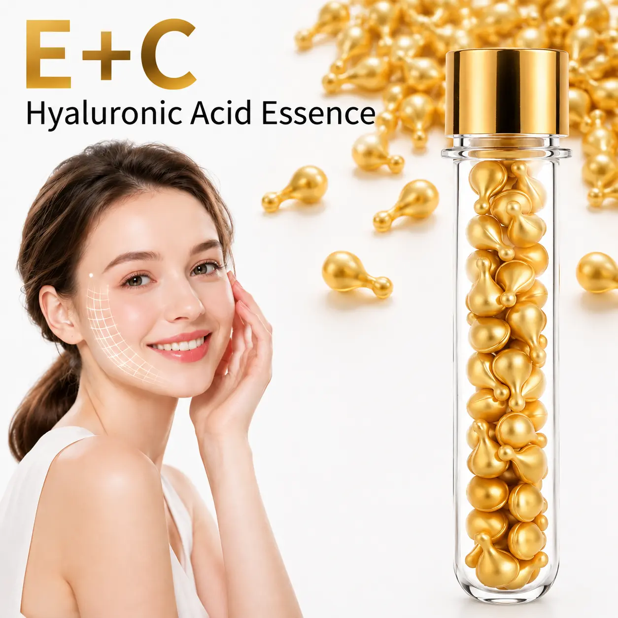 Vitamin C + Hyaluronic Acid Serum Capsules, 90PCS Hydrating Facial Essence Moisturizer for Glowing Skin Repair, Hydrate