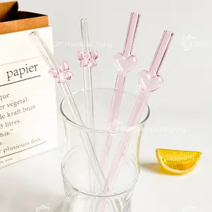 Reusable Glass Straws Heart & Bow Tie Shape, Cute Straight Design with Cleaning Brush, Glass Straw Drinkware, Perfect for Tea, Juice, Cocktails, Parties