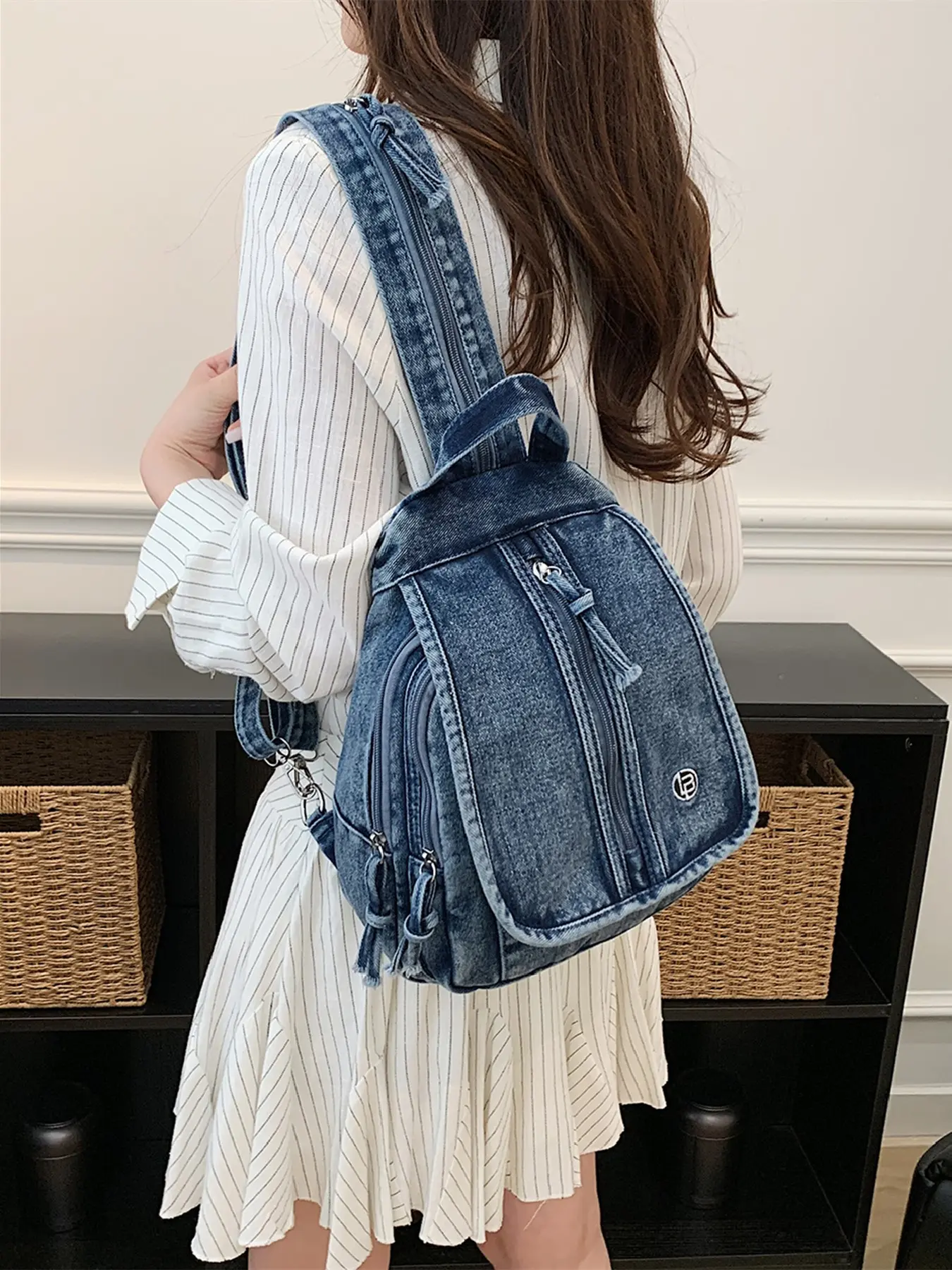 New Korean Vintage Washed Denim Backpack for Women, Multi-Color Mini Crossbody Bag, Lightweight Durable School Commute Travel Bag, Versatile Backpack