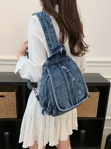 New Korean Vintage Washed Denim Backpack for Women, Multi-Color Mini Crossbody Bag, Lightweight Durable School Commute Travel Bag