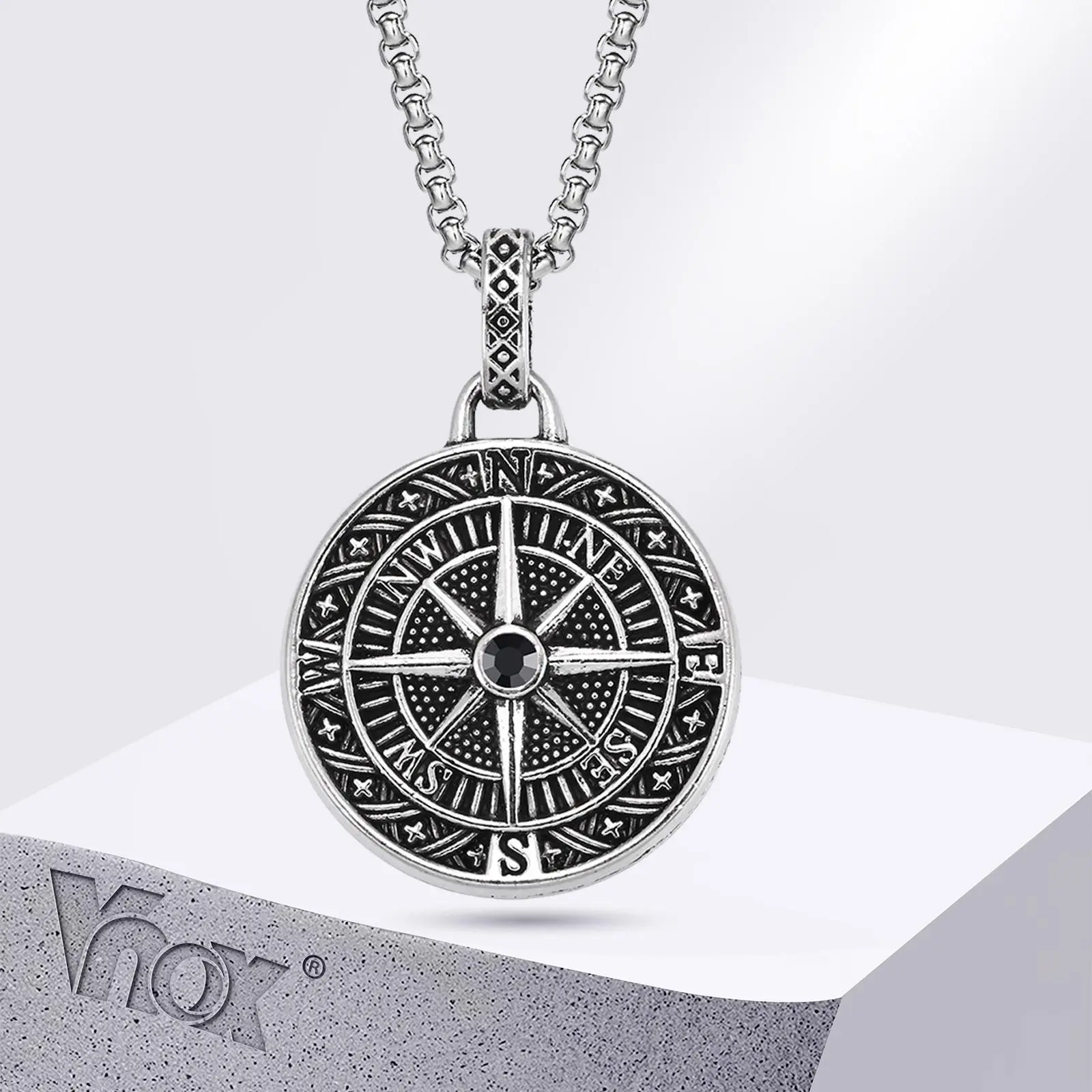 Vnox Vintage Compass Pendant Necklaces for Men Boys, Stainless Steel Coin Necklace, Rock Hiphop Collar Graduation Guid Gift