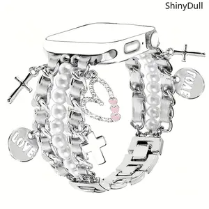 Double Row Pearl Metal Watch Band for Apple Watch – Heart Pendant Bracelet Strap 38–46mm (Women)