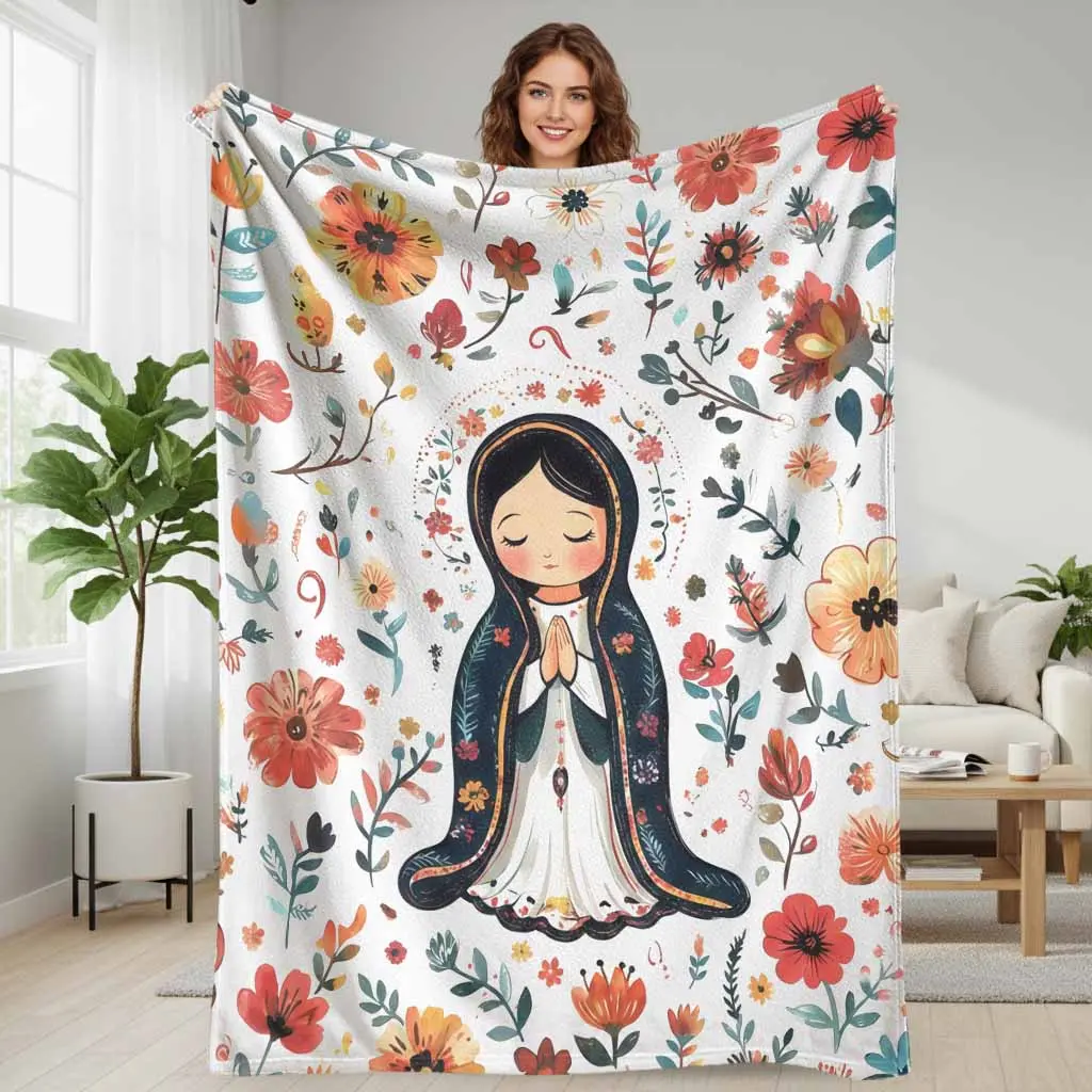 Anime Virgin Mary Our Lady Guadalupe Flannel Fabric Throw Blanket, Decorative Giftable Blankets with Floral & Religious Prints, Multi-Size Anti-Pilling Soft Warm Lightweight Cozy, Ideal for Home Decor & Meditation Space