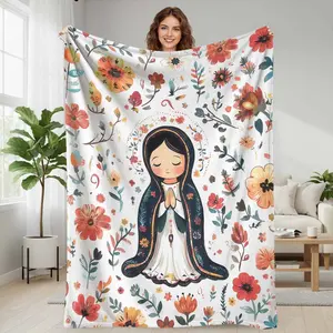 Anime Virgin Mary  Our Lady Guadalupe Design Soft Flannel Throw Blanket  with floral and religious print design  soft warm lightweight cozy texture  perfect for home decor  sofa throw  holiday gift  meditation space  spiritual retreat  and living room use