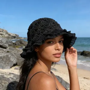 Summer Hollow Weave Lace-Edged Women's Straw Hat, Versatile Ruffled Fisherman Hat, Makes Face Look Smaller, Vacation and Outing Bucket Hat