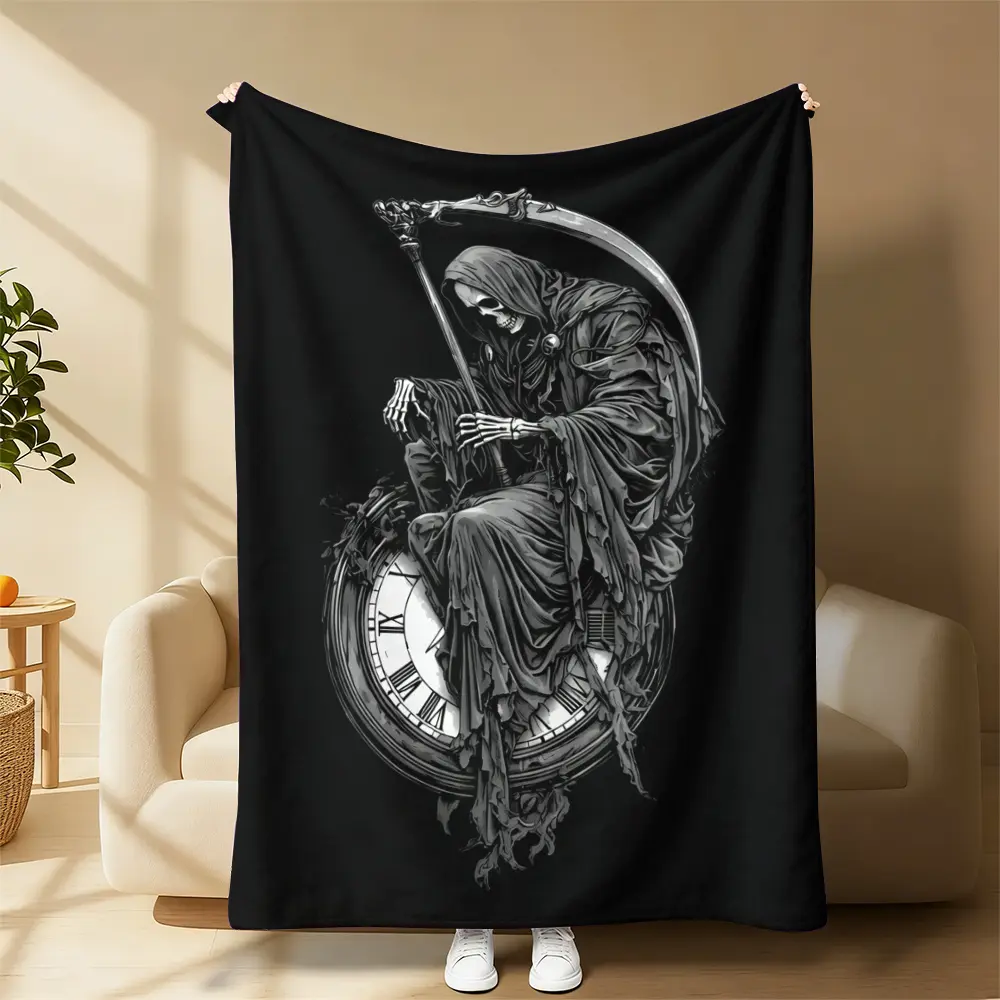 Grim Reaper Flannel Blanket - Dark Gothic, Halloween Graphic, Horror Print, Skeleton Figure, Death & Time Clock Design, Lightweight, Super Soft, Gothic Home Decor, Spooky Gift for Dark Fantasy Lovers, Living Room Use, Dark Gothic Blankets, Gothic Style Bl