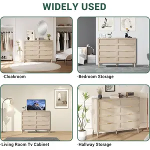 Eight Drawer Rattan Dresser with Gold Handles for Bedroom and Living Room with Five Strong Legs and Removable Divider