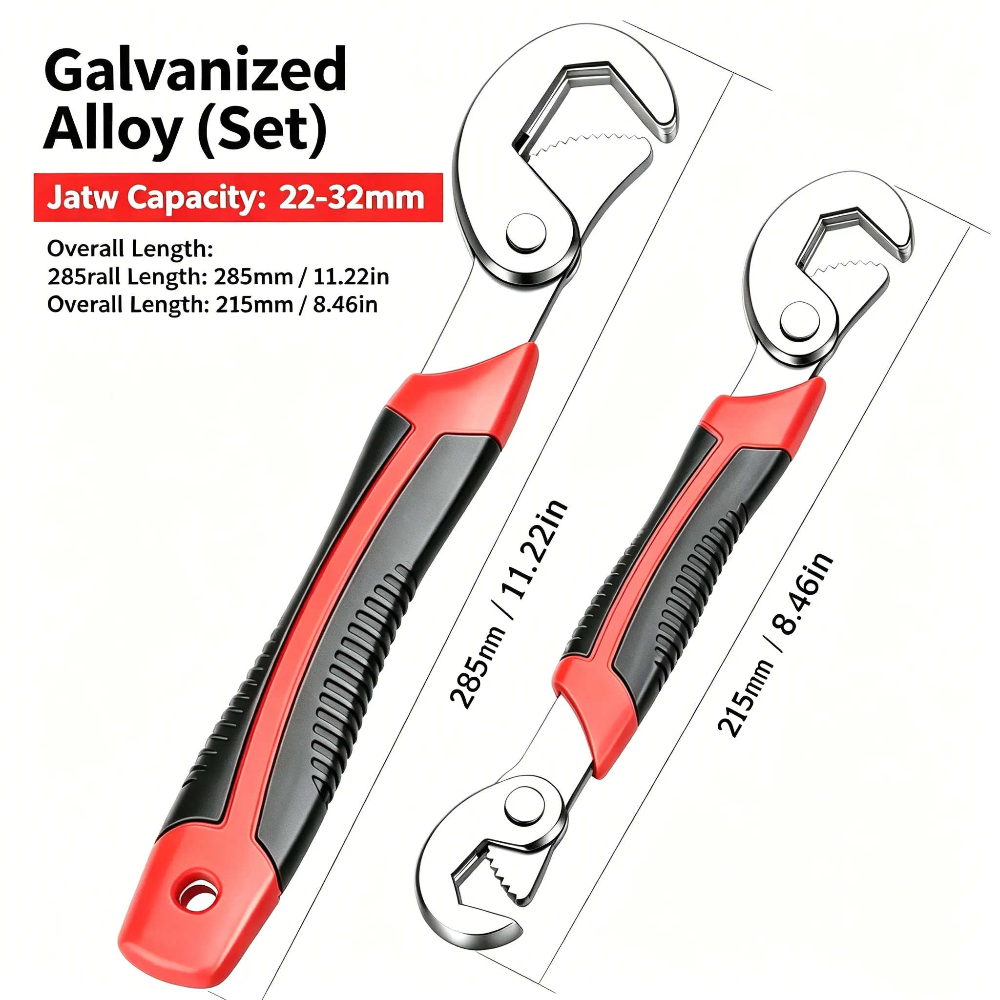 2PCS Galvanized Steel Universal Adjustable Wrench Set - 2 Sizes, 22-32mm Universal Jaws, Metal Quick-Opening, Non-Slip Ergonomic Handle Multifunctional Repair Tool for Plumbing, Auto Maintenance
