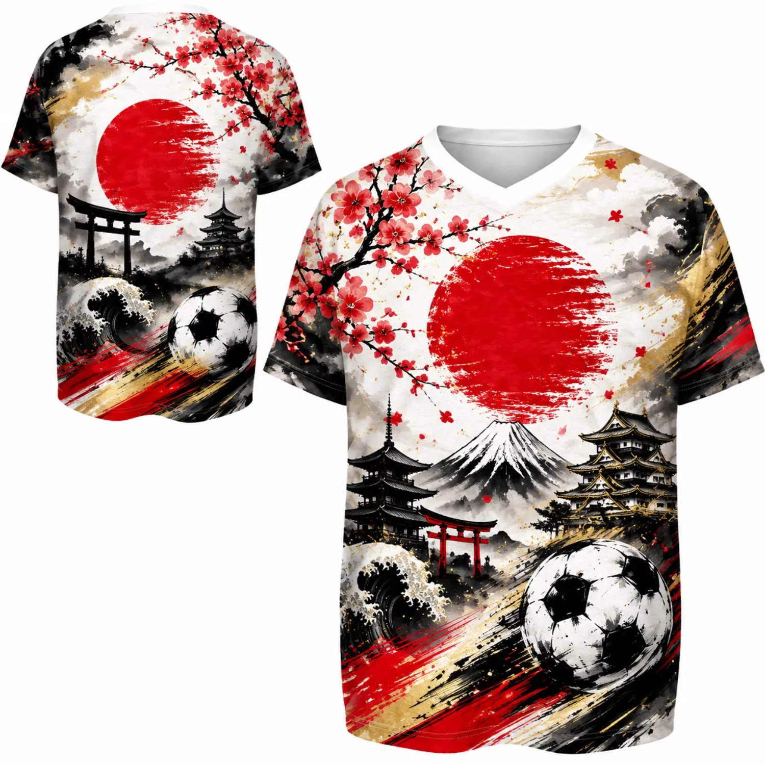 Japanese Aesthetic Soccer Jersey - Black, Red & Gold V-Neck with Cherry Blossoms, Mount Fuji & Temple Design for Stylish Match Day Fans
