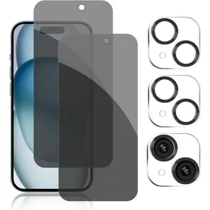 [2+2 Pack] iPhone 15 Privacy Screen Protector with Camera Lens Protector Full Coverage Anti-Spy Tempered Glass Film 9H Hardness Upgrade Edge Protection Easy Installation Bubble Free Specially