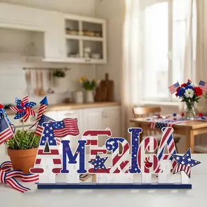 July 4th American Table Decor Sign, Patriotic Wooden Tabletop Centerpiece with Blue Stars and Stripes, Independence Day Home Kitchen Party Decoration