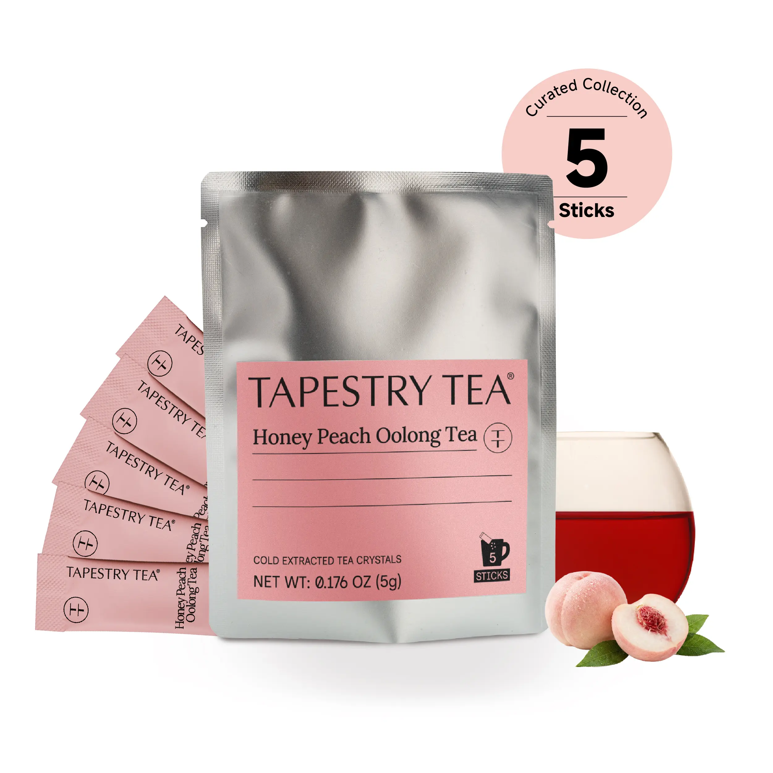 Tapestry Tea Premium Honey Peach Oolong Tea Crystals Sampler Pack | 3-Second Vibrant Skin | Cold Extracted Instant Tea Powder | Hot & Cold Brew | 5 Sticks