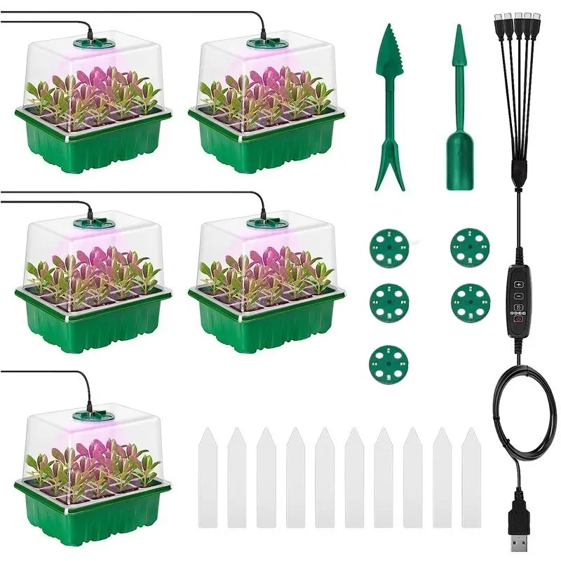 5-Piece Seedling Tray Set with Growth Light, 60-Hole Adjustable Humidity and Temperature Control, Mini Greenhouse, Hydroponic Kit, Indoor/outdoor Gardening