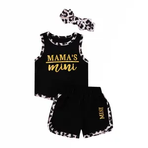 Toddler Infant Baby Girl Boy 3Pcs Outfits Set Mama's Mini Sleeveless Letter Printed Tank Tops Short Leopard Headband Clothes Sets
