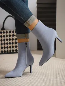 Women's Solid-Color Pointed-Toe High-Heel Ankle Boots Side-Zip Design Fashionable Women's Boots Fleece-Lined for Warmth Velvet Fabric Short-Boot Style