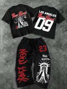 Men's Fashion Casual Two-Piece Set, Soft Comfortable New York Statue of Liberty Print Round Neck T-Shirt and Drawstring Wide Leg Pants