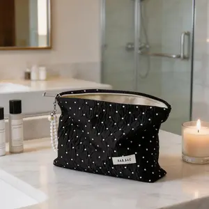Aesthetic Polka Dot Multi-Function Makeup Bag, Detachable Faux Pearl Strap, Wristlet Clutch with Zipper Closure, Elegant Travel Toiletry Organizer Cosmetic Storage Pouch for Summer Vibes