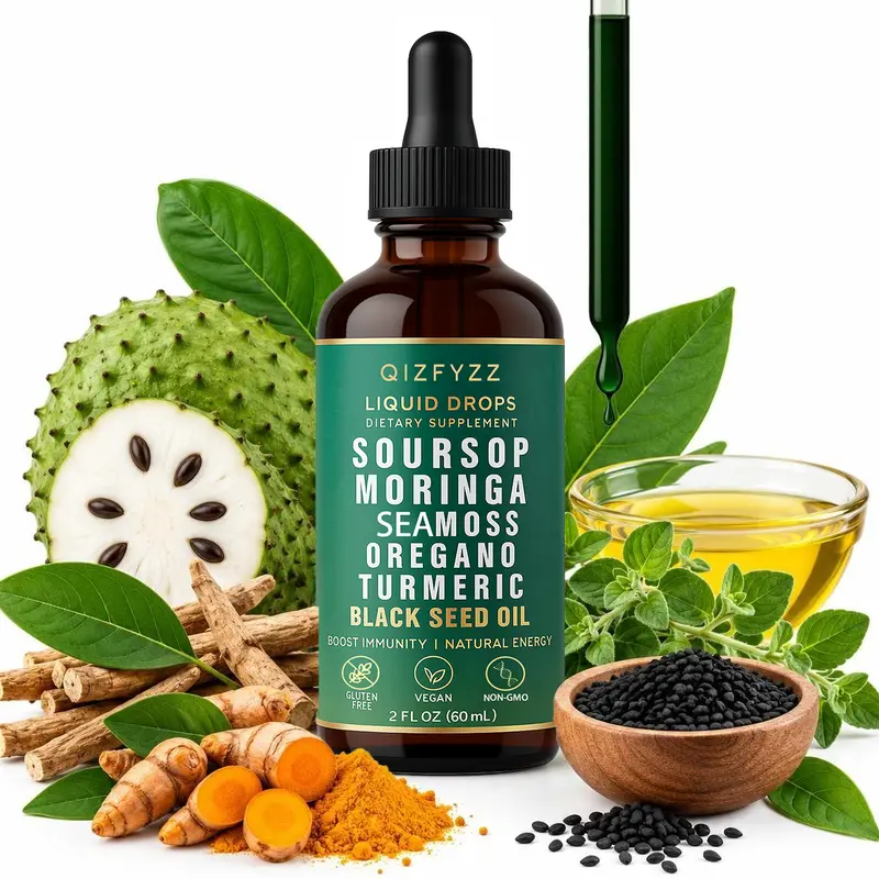 Soursop Liquid Drops Herbal Dietary Supplement - Energy Boosters, Focus Fuel with Ashwagandha, Turmeric, Oregano, Liquid Chlorophyll, Black Seed Oil - Vegan Vitamins Supplements, 2 oz, Non-GMO, Gluten-Free, Prop 65 Safe, Boost Focus & Endurance