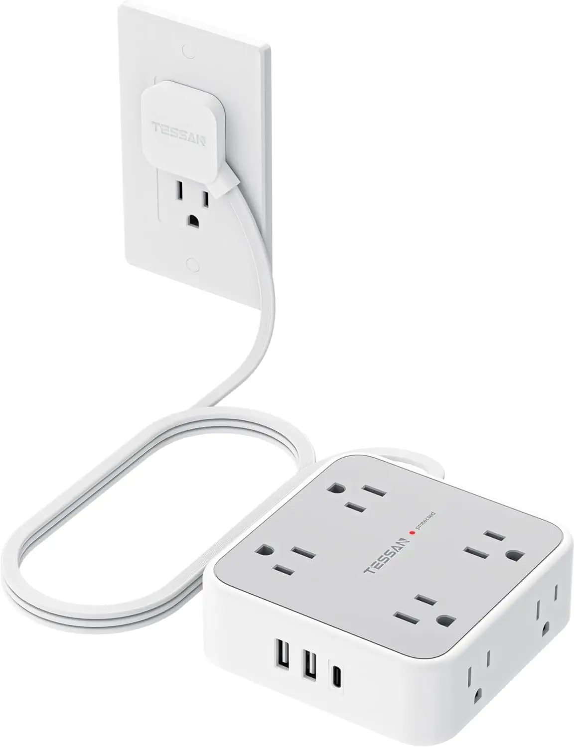 TESSAN Surge Protector Power Strip with 900J Surge Protection, 5 Ft, Grey | 8 AC with 3 USB Ports (1 USB C), Flat Plug Extension Cord, 3 Sided Outlet Extender with Power Switch for Office, Dorm