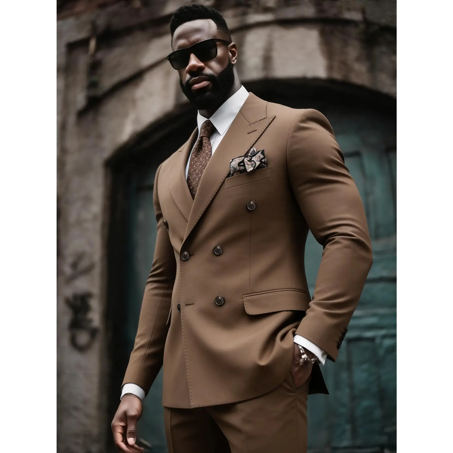 Men’s Suit Double Breasted Peak Lapel 2 Piece Solid Color Blazer & Dress Pants for Business Wedding Tuxedo
