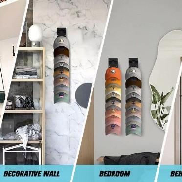 20-piece baseball cap storage rack, with two installation methods - adhesive or nail attachment. The stackable display rack is convenient for storage and can hold 20 hats.