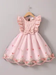 Girl's Butterfly Pattern Bow Decor Dress, Cute Round Neck Dress for Summer, Kids Clothes for Daily Wear, Frill Trim Bow