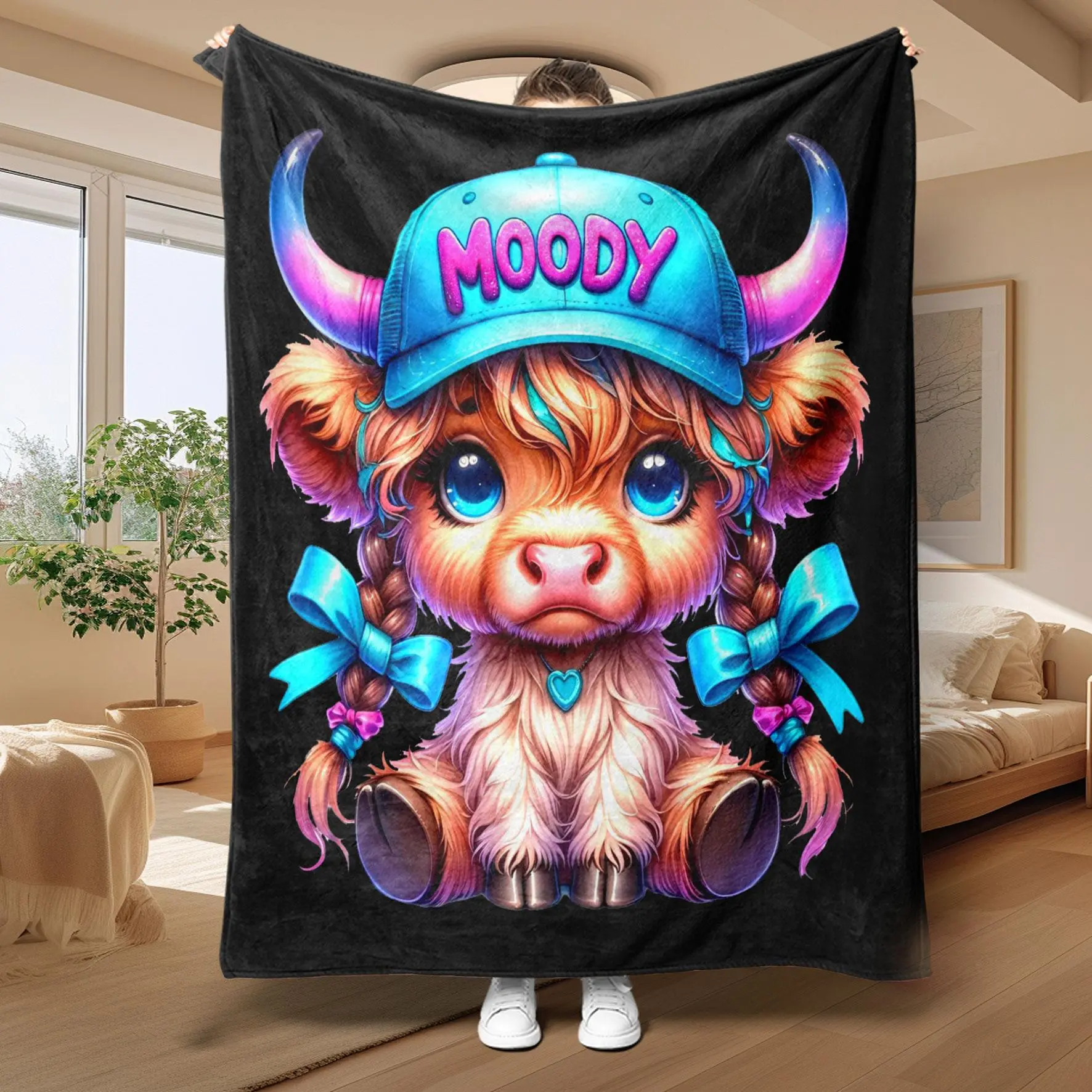 Moody Highland Cow Theme Flannel Blanket, Large Size, Soft and Lightweight, Perfect for All Seasons, Ideal for Bed, Sofa, Office, Camping, Travel