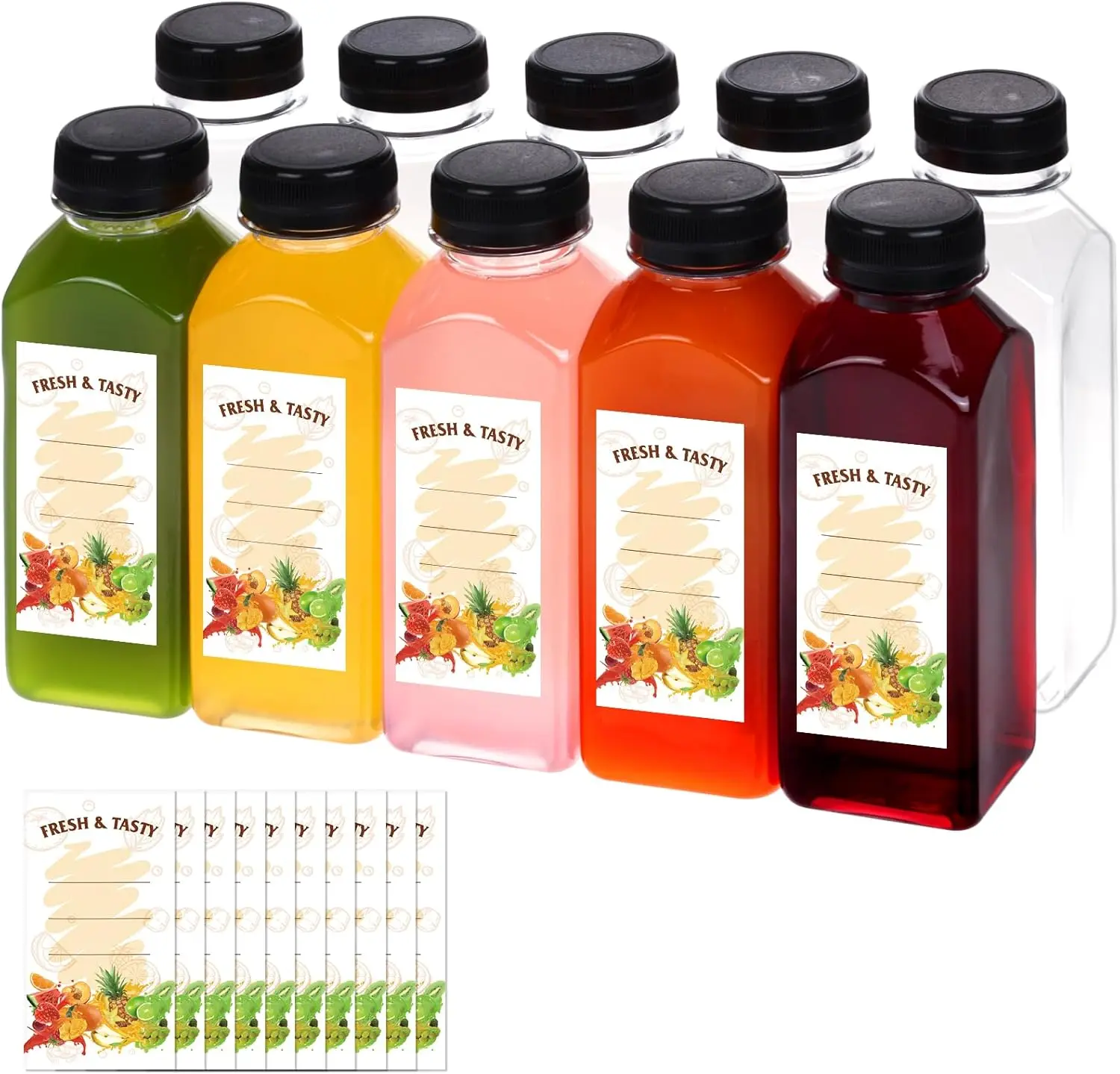 10pcs 12oz 2.2x6.5in Transparent Food-Grade Reusable Plastic Juice Bottles with Tamper-Proof Caps, Bulk Kitchen Preserving Containers for Juice, Milk