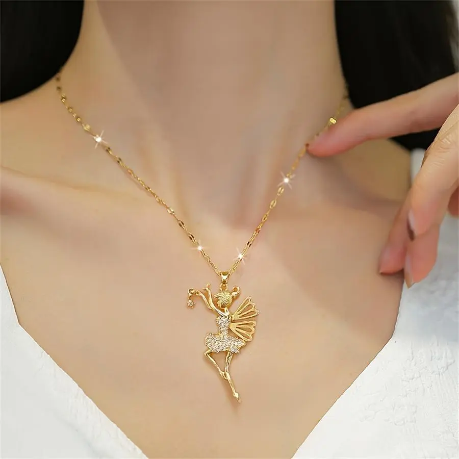 1pc Exquisite Ballet Fairy Pendant Charm Necklace - 304 Stainless Steel, Shiny Sparkling Cubic Zirconia Dancing Girl, Fantasy, Balletcore, Fairy Inspired, Chain Jewelry Necklaces, Anniversary Birthday Gift for Girls, Fantasy Necklaces