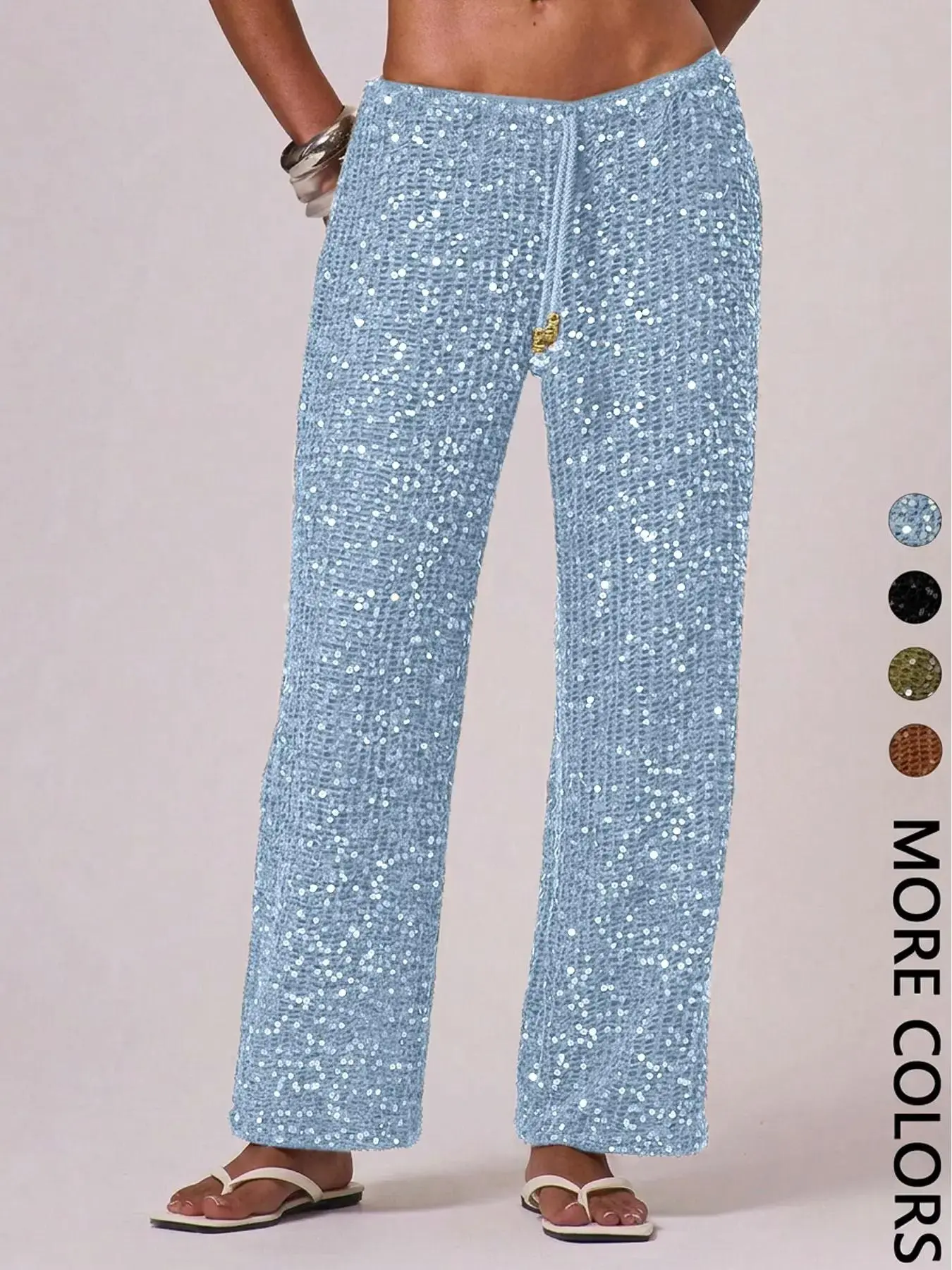 Women's Bohemian Sequined Beach Pants, Elegant Summer Long Trousers with Sleek Line, Vacation Holiday Chic Casual Fitted Wear, Modern Bottoms Womenswear, versatile piece, trending now