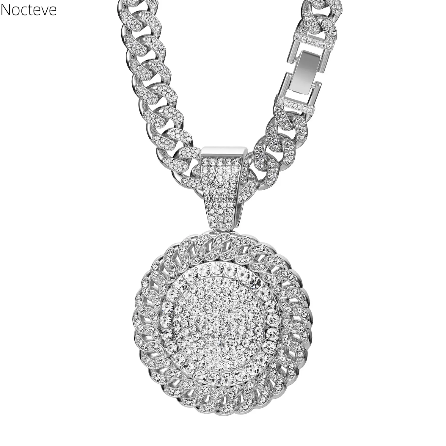 Cuban Link Necklace, Hip Hop Bling Alloy Metal Jewelry with Full Rhinestone Round Pendant for Men Women, Street Party Style, Shiny Stones, Unisex Wear, Jewelry For Women