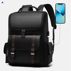 Vintage PU Leather Laptop Backpack for Men Women 15-inch Computer Compartment Distressed Leather Travel Bag with Buckle Detail Multifunctional Unisex Daypack
