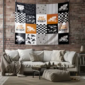 Sprint Car Racing Tapestry, Eat Sleep Sprint Wall Hanging, Checkered Flag Race Car Tapestries, Soft Wall Blanket Backdrop Decor, Black White Orange Patchwork Print Tapestry for Girls Boys Bedroom Living Room