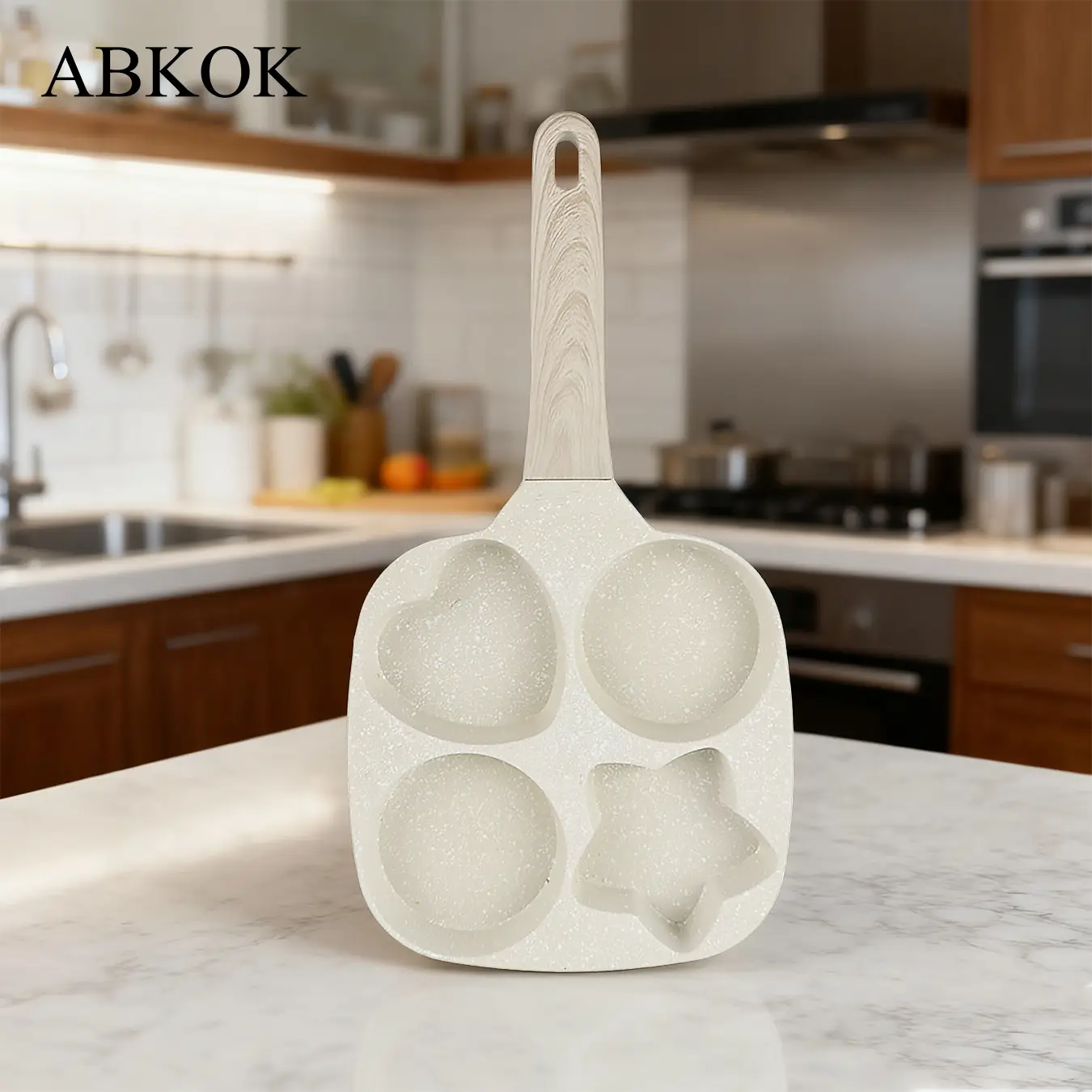 Abkok Four-Hole Non-Stick Skillet, 8-9 Inch Diameter, Ideal for Breakfast, Eggs, Burgers, Durable Wooden Material, No Handle Design