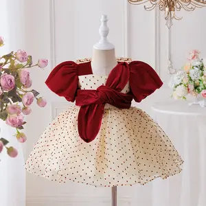 6M-3Y Maroon 3096 Anniversary Baby Girls Clothes Infant Birthday Cocktail  Puff Sleeve Mesh Bow Ball Gown Dress Toddler Pageant Newborn Ball Gown Princess Baptism Frock
