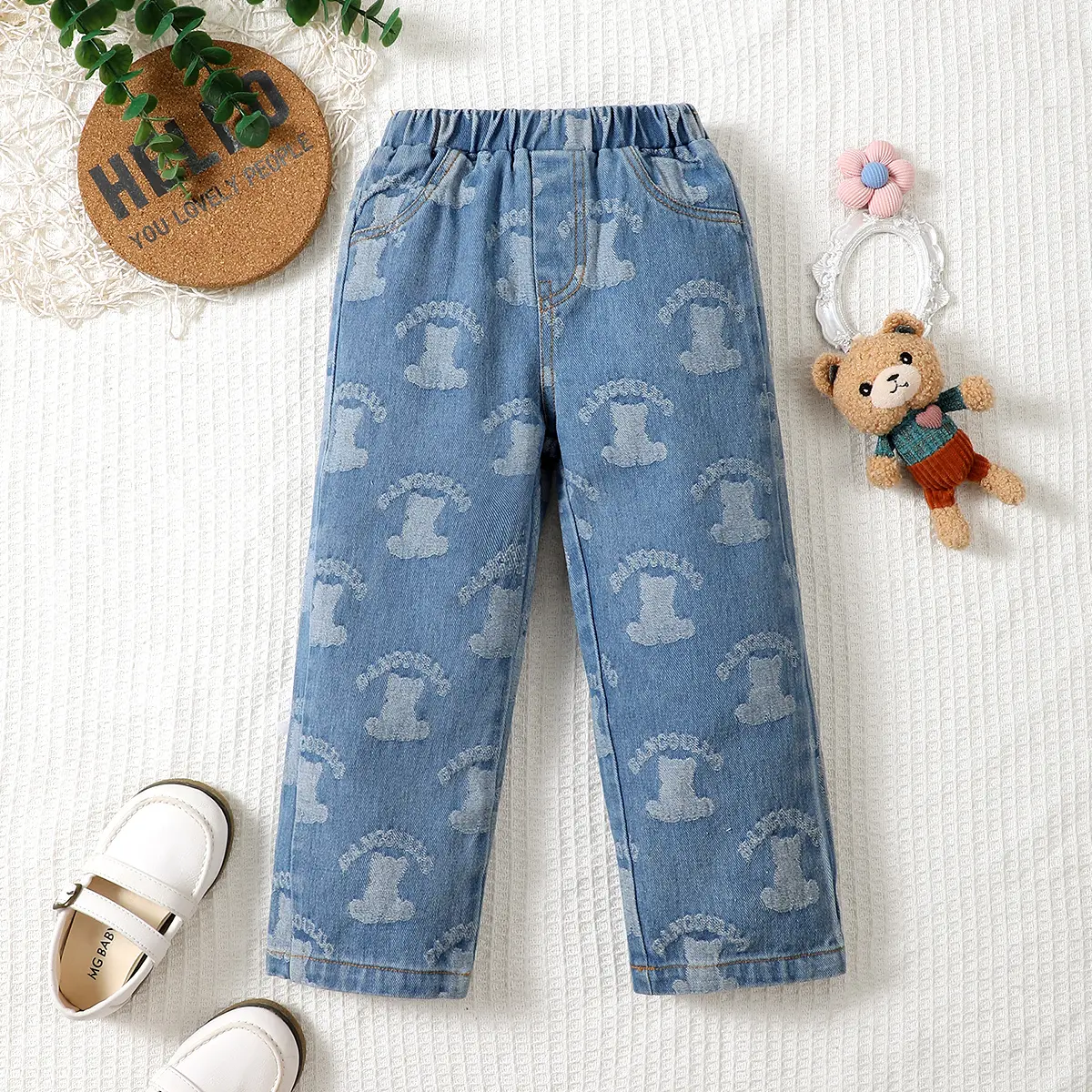 Fashion Casual Denim Trousers, All Over Cute Bear Silhouette Print Elastic Pull-On Waist Straight Fit Jeans, Street Style Versatile Pants