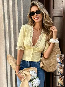 Lace Trim V Neck Button Front Blouse, Short Sleeve Fitted Elegant Top, Casual Shirt for Breakfast, Office, Coffee, Travel, Date, Picnic, Layering, Daily Wear