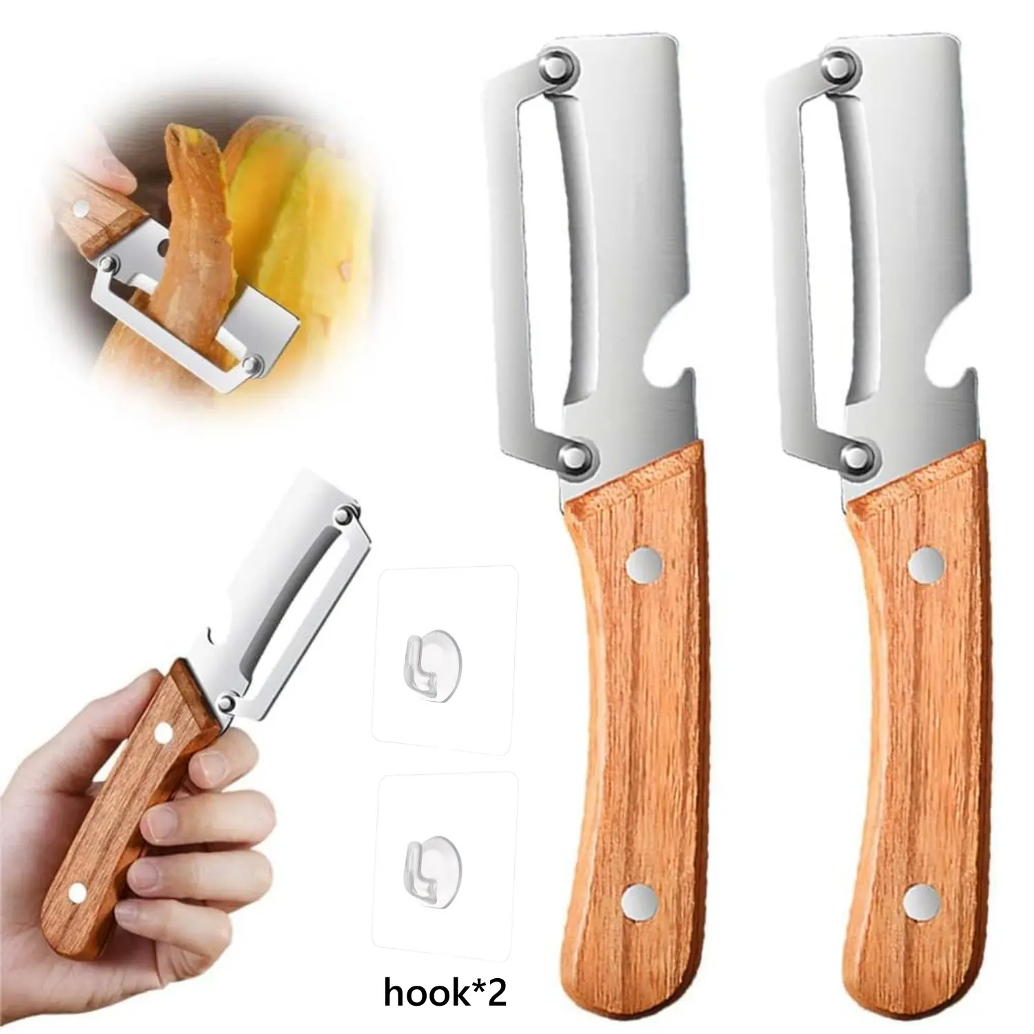 2PCS Multi-Functional Stainless Steel Thickened Fruit Peeler Knife for Kitchen, Ultra-Sharp Blade with Wooden Handle and Bottle Opener, For Vegetables Fruits that Need to Be Peeled
