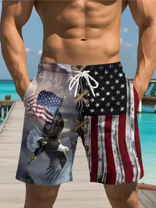 Summer Men's Stars and Stripes American Patriotic Bald Eagle and Eagle Print Hawaiian Beach Shorts Beach Vacation Independence Day Casual Drawstring Breathable Trendy Swim Trunks